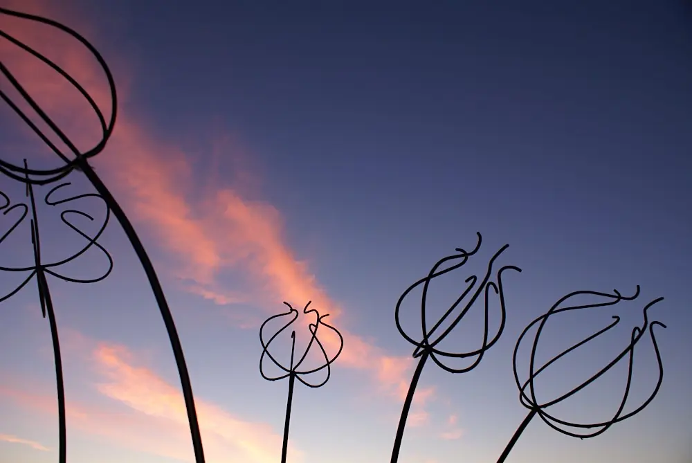 Sculptures en fil de fer découpées sur le ciel du soir